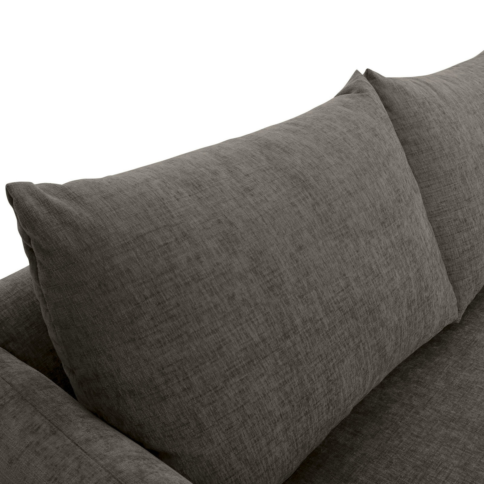 Nahaufnahme einer grauen Sofaecke mit zwei großen Kissen, Perspektive von oben.