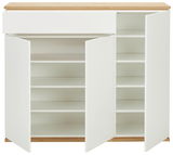 Frontansicht eines weißen XL-Schuhschranks mit Holzakzent, geöffnet mit mehreren Regalböden.