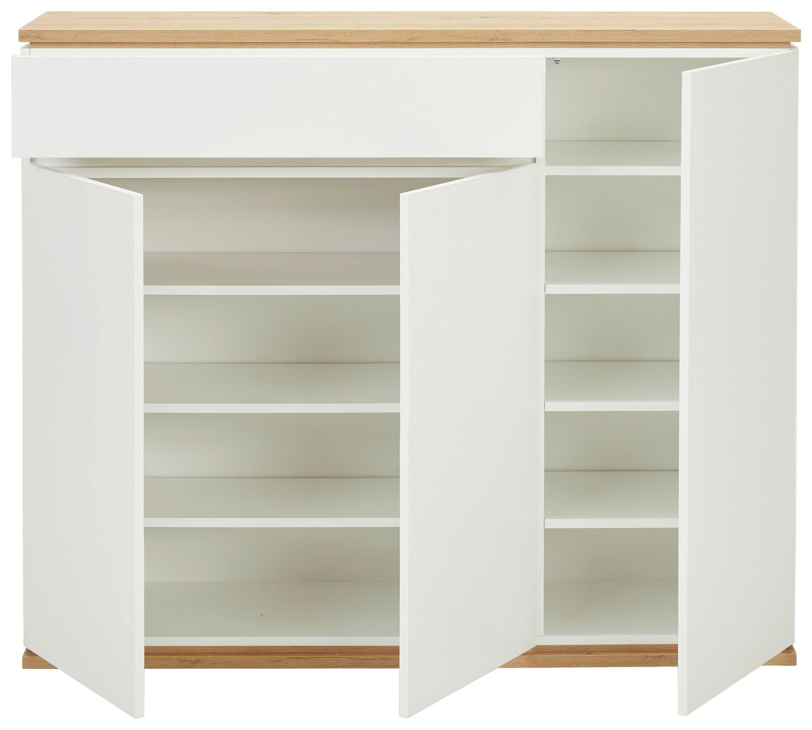 Frontansicht eines weißen XL-Schuhschranks mit Holzakzent, geöffnet mit mehreren Regalböden.