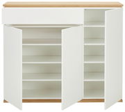 Frontansicht eines weißen XL-Schuhschranks mit Holzakzent, geöffnet mit mehreren Regalböden.