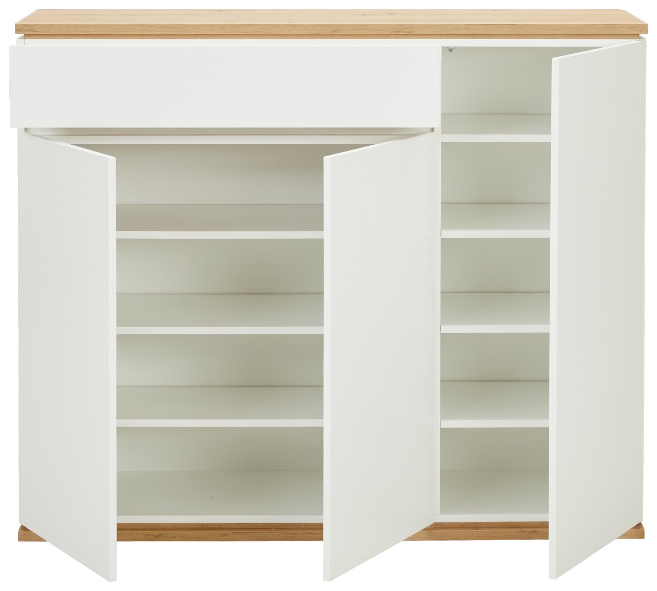 Frontansicht eines weißen XL-Schuhschranks mit Holzakzent, geöffnet mit mehreren Regalböden.