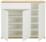 Frontansicht eines weißen XL-Schuhschranks mit Holzakzent, geöffnet mit mehreren Regalböden.