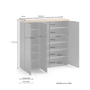 XL-Schuhschrank mit offenen Türen, zeigt mehrere Regalböden zur Schuhaufbewahrung, Perspektive von vorne.