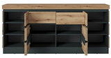Frontale Ansicht eines modernen Sideboards mit offenen Türen und Schubladen, in Holzoptik und dunklem Rahmen.