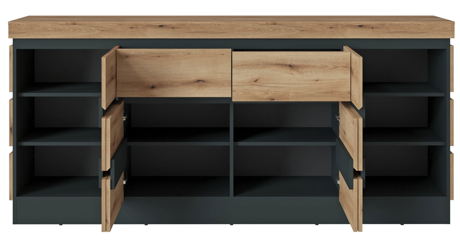 Frontale Ansicht eines modernen Sideboards mit offenen Türen und Schubladen, in Holzoptik und dunklem Rahmen.