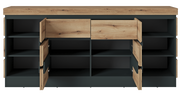 Frontale Ansicht eines modernen Sideboards mit offenen Türen und Schubladen, in Holzoptik und dunklem Rahmen.