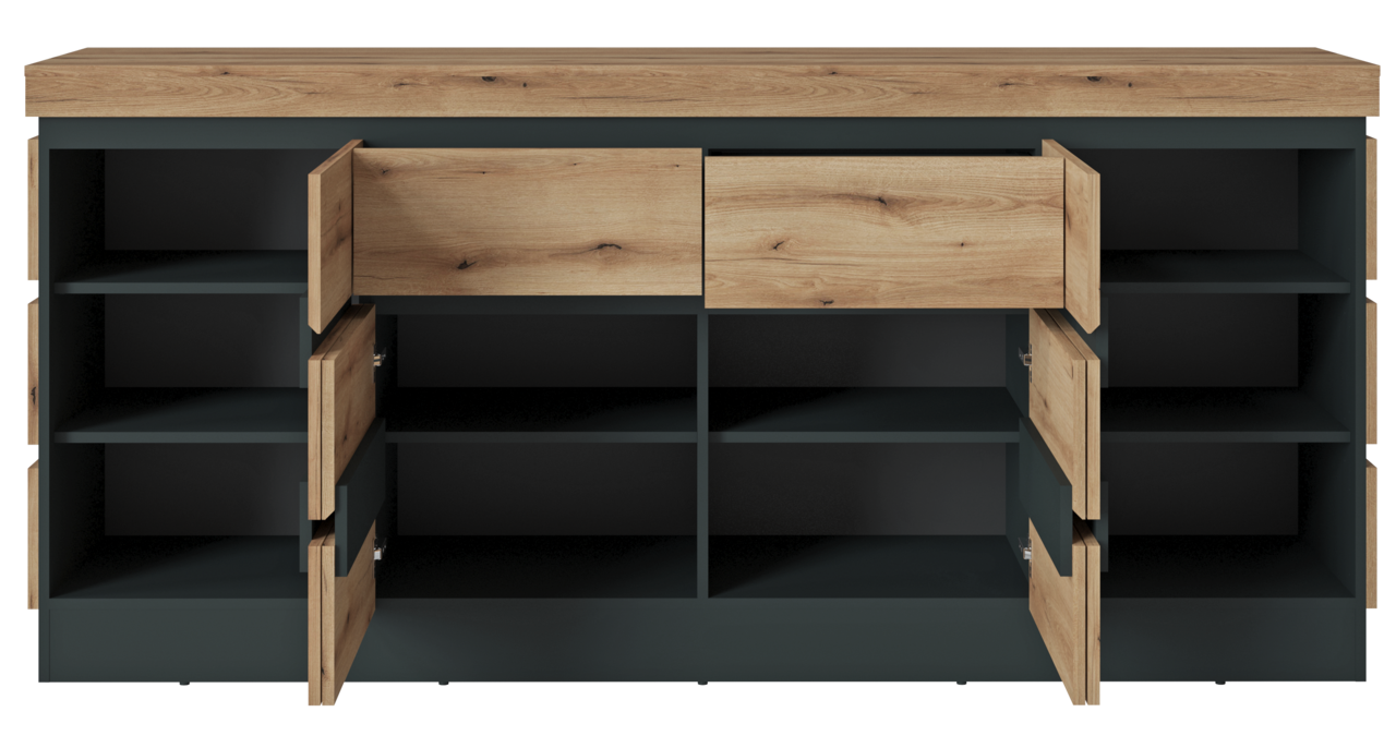 Frontale Ansicht eines modernen Sideboards mit offenen Türen und Schubladen, in Holzoptik und dunklem Rahmen.