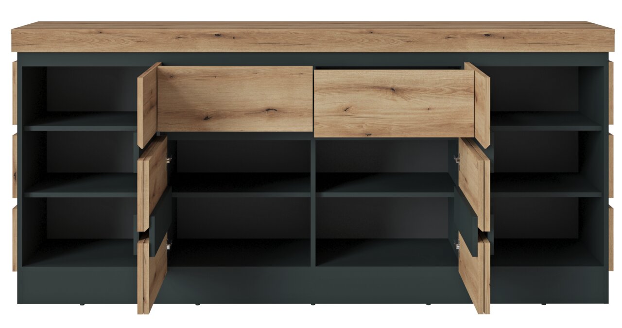 Frontale Ansicht eines modernen Sideboards mit offenen Türen und Schubladen, in Holzoptik und dunklem Rahmen.