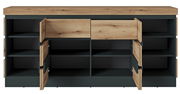 Frontale Ansicht eines modernen Sideboards mit offenen Türen und Schubladen, in Holzoptik und dunklem Rahmen.