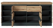Frontale Ansicht eines modernen Sideboards mit offenen Türen und Schubladen, in Holzoptik und dunklem Rahmen.