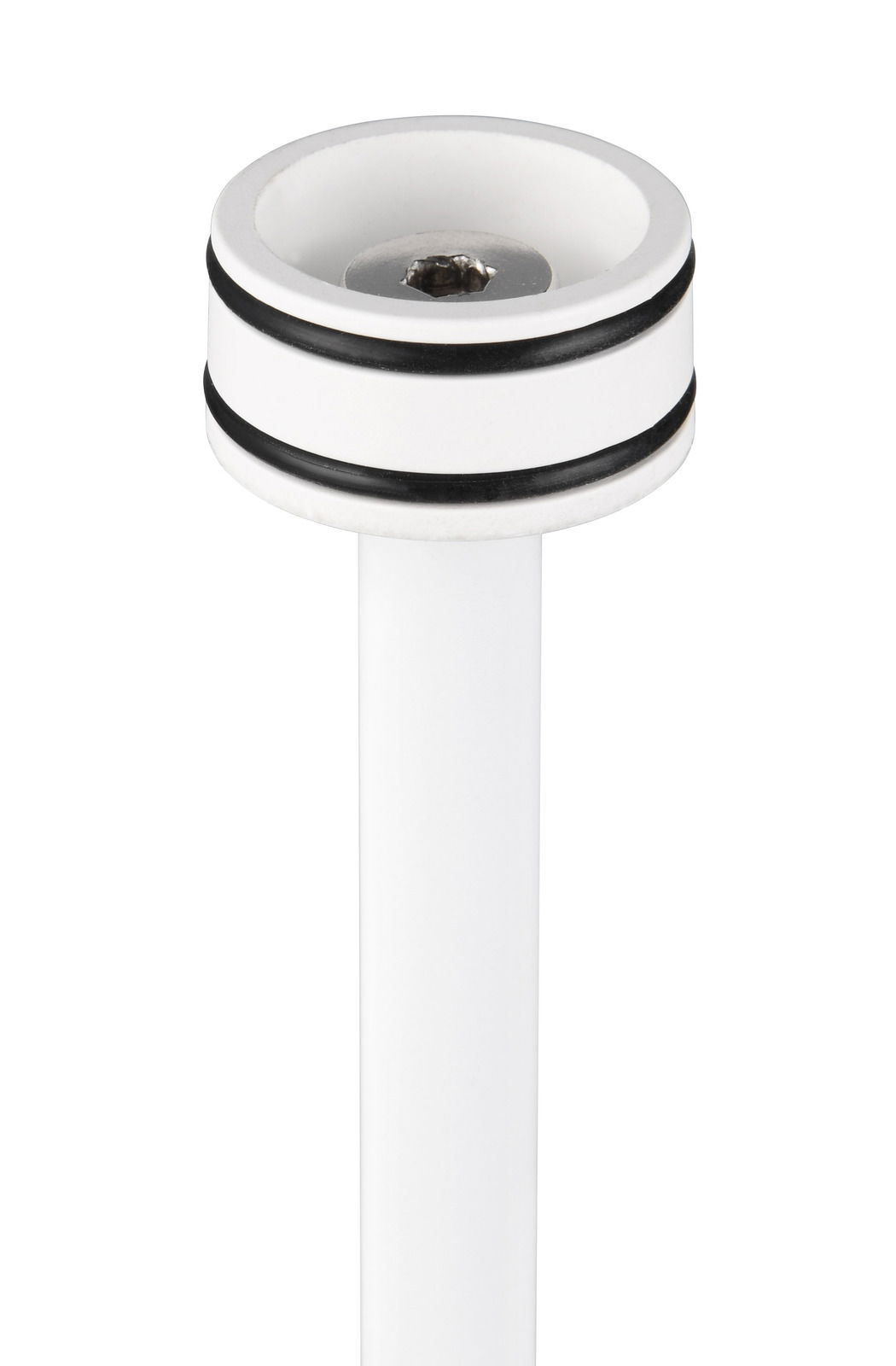 Nahaufnahme der Oberseite einer weißen Akku-Stehleuchte SUAREZ mit schwarzem Ring, von oben betrachtet.