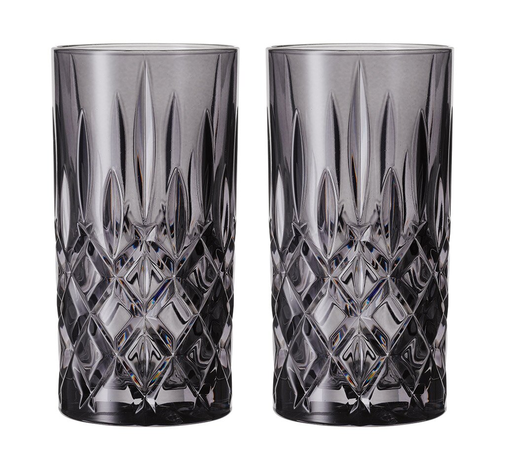 Zwei Longdrinkgläser Noblesse im Set, mit elegantem Schliffmuster, frontal abgebildet.
