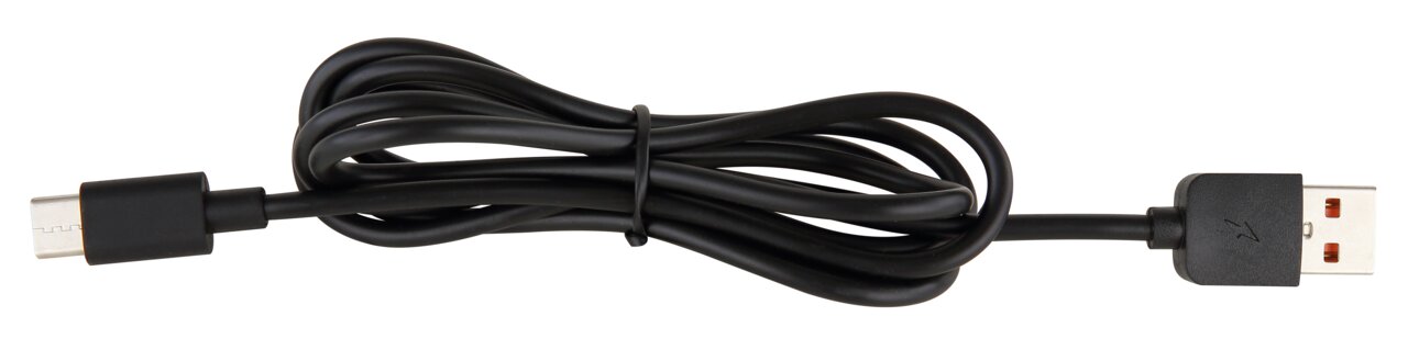 Schwarzes USB-Kabel mit USB-A- und USB-C-Stecker, seitliche Perspektive