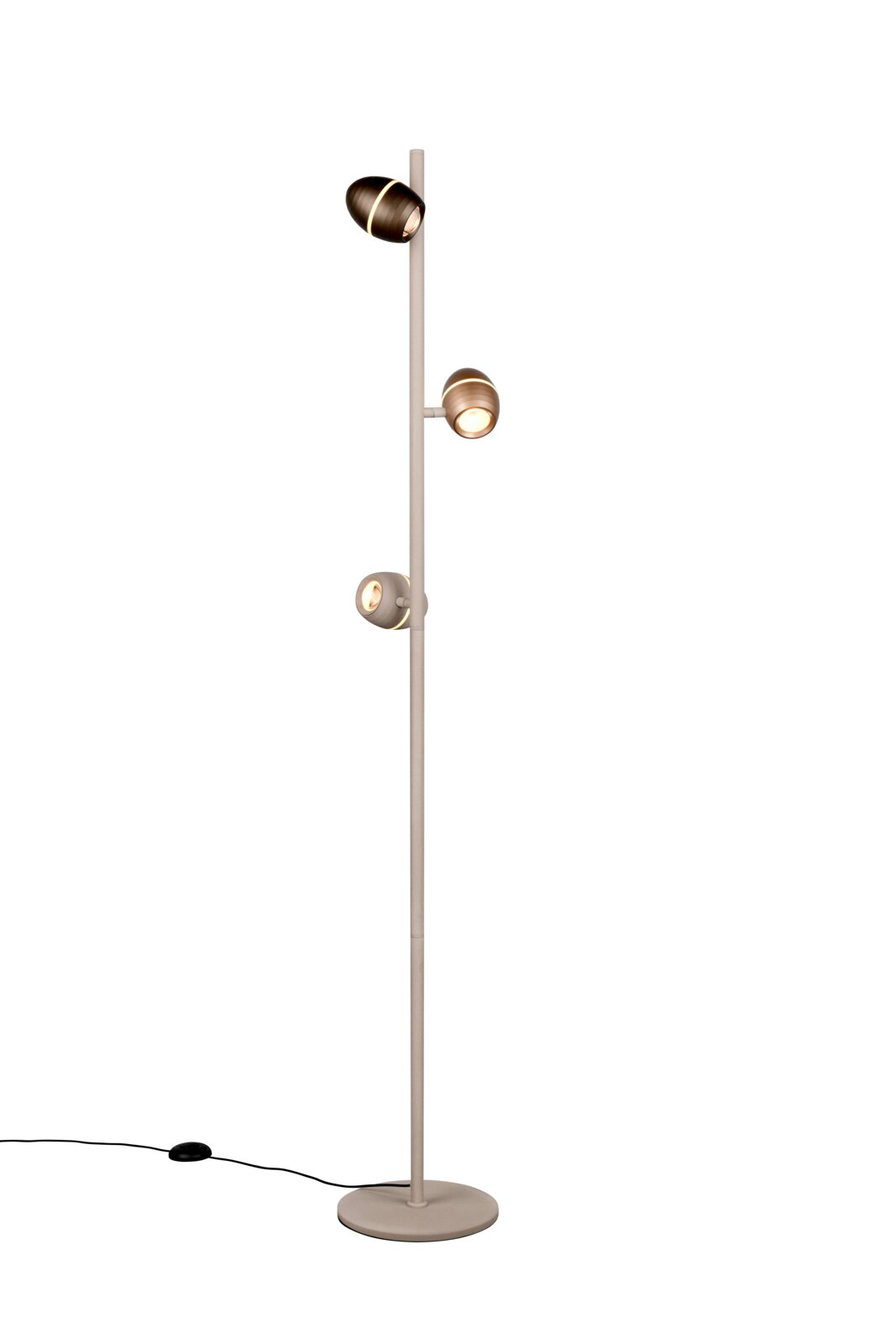 TRIO SELECT LED-staande lamp BEDFORD Moderne vloerlamp met drie verstelbare spotkoppen op een slanke staander en ronde voet, met snoer en voetschakelaar, weergegeven in frontaal aanzicht op witte achtergrond