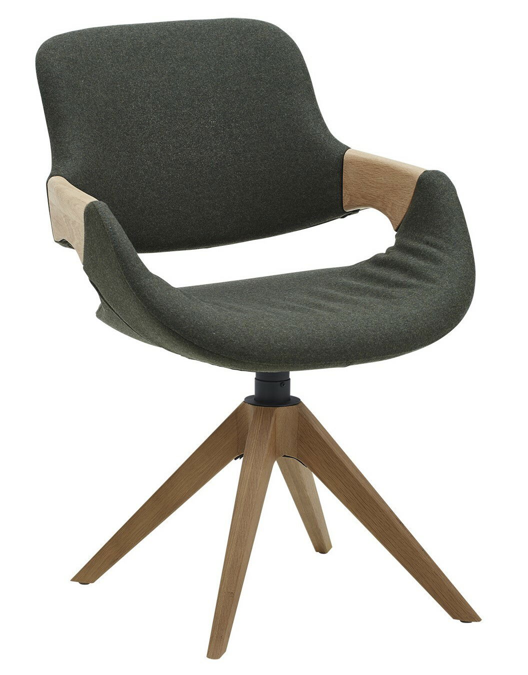 Moderner Sessel mit dunkelgrauem Stoffbezug und Holzbeinen, seitliche Perspektive