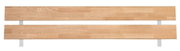 Kopfteil aus Holz und Metall, Vorderansicht, mit zwei horizontalen Holzlatten und Metallstreben.