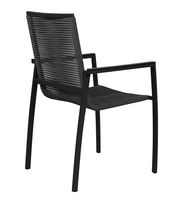 Moderner schwarzer Gartensessel aus Metall und Seilgeflecht, seitliche Rückansicht