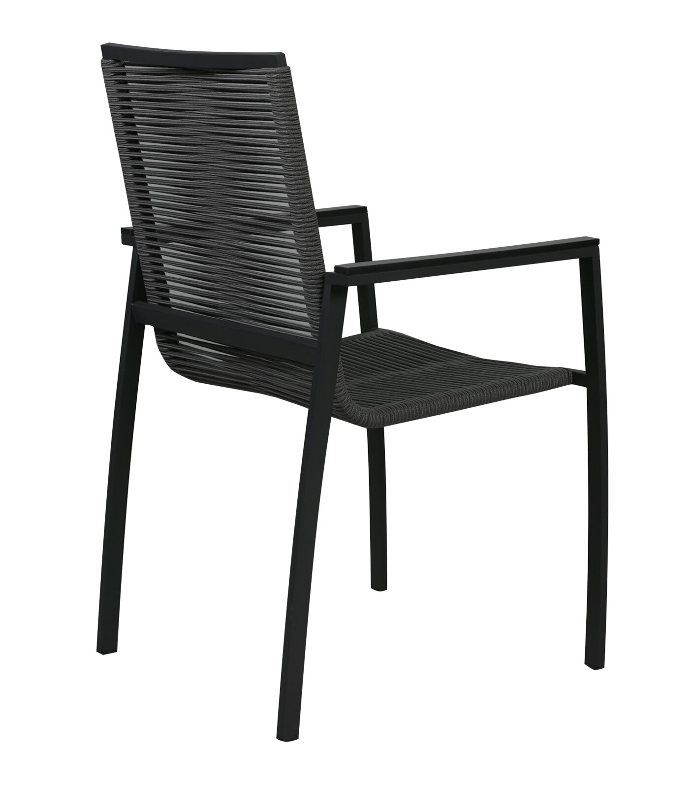 Moderner schwarzer Gartensessel aus Metall und Seilgeflecht, seitliche Rückansicht