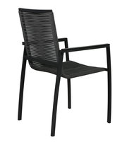 Moderner schwarzer Gartensessel aus Metall und Seilgeflecht, seitliche Rückansicht