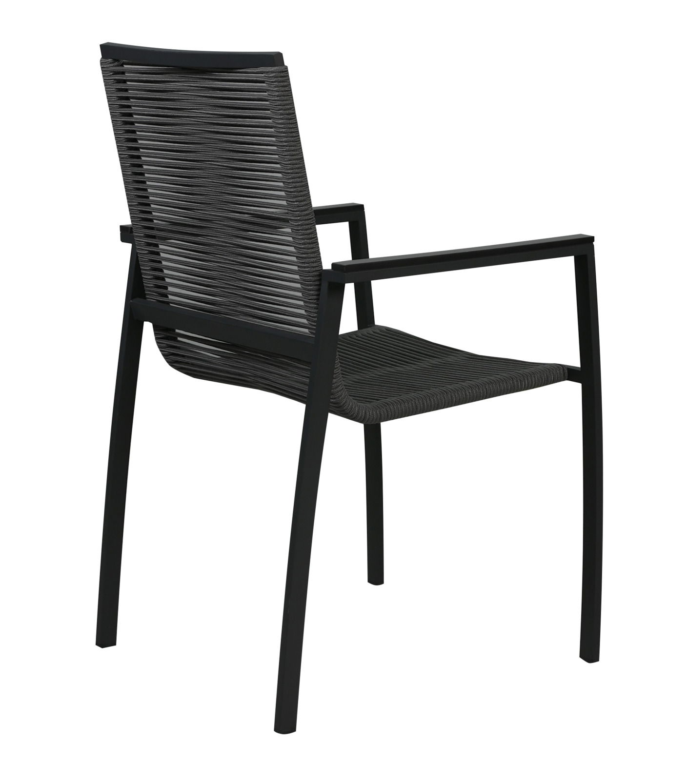 Moderner schwarzer Gartensessel aus Metall und Seilgeflecht, seitliche Rückansicht