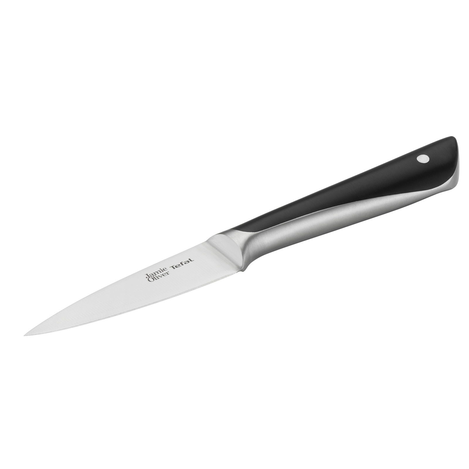 Küchenmesser mit schwarzem Griff und silberner Klinge, seitliche Perspektive