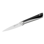 Küchenmesser mit schwarzem Griff und silberner Klinge, seitliche Perspektive