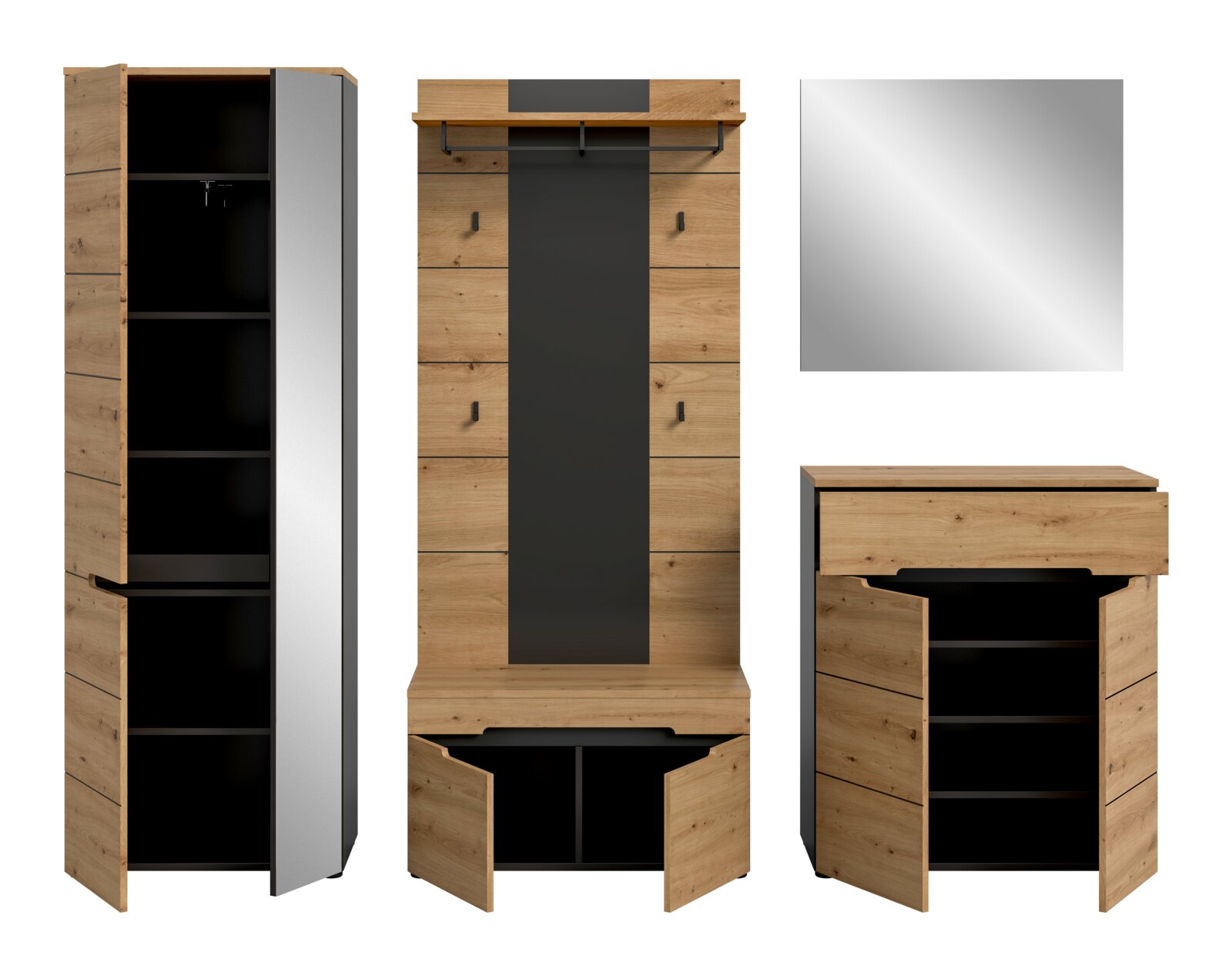 Garderobenmöbel-Set in Eiche-Optik mit schwarzem Innenkorpus, hoher Schrank mit Spiegel-/Glastür und offenen Fächern, Garderobenpaneel mit Haken und Ablage sowie Sitzbank/Schuhschrank mit Klapptüren – gezeigt in Frontansicht sowie Seitenansicht.