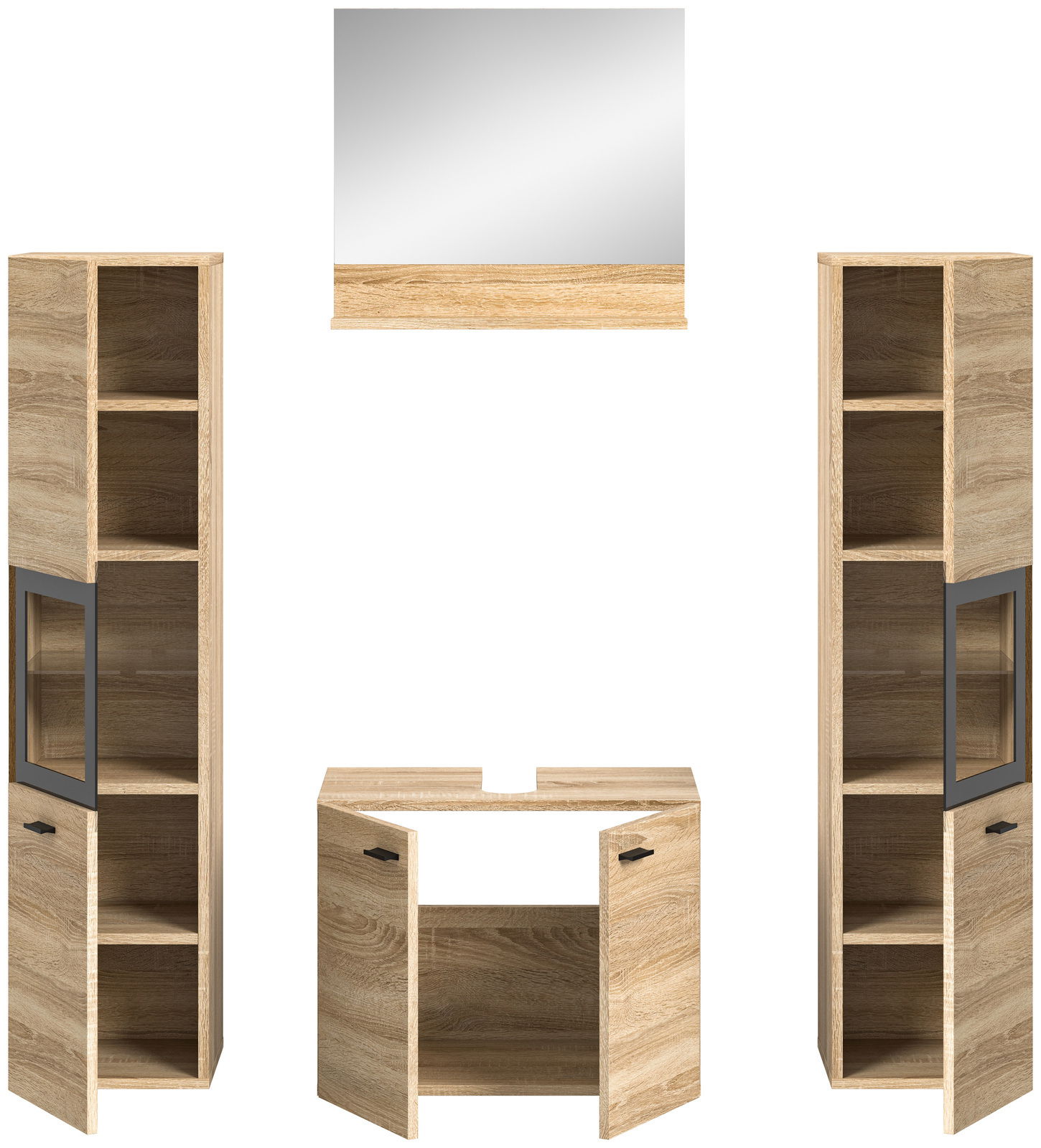 Badkombination aus Holz mit zwei hohen Schränken, einem Waschbeckenunterschrank und einem Spiegel, frontal betrachtet.