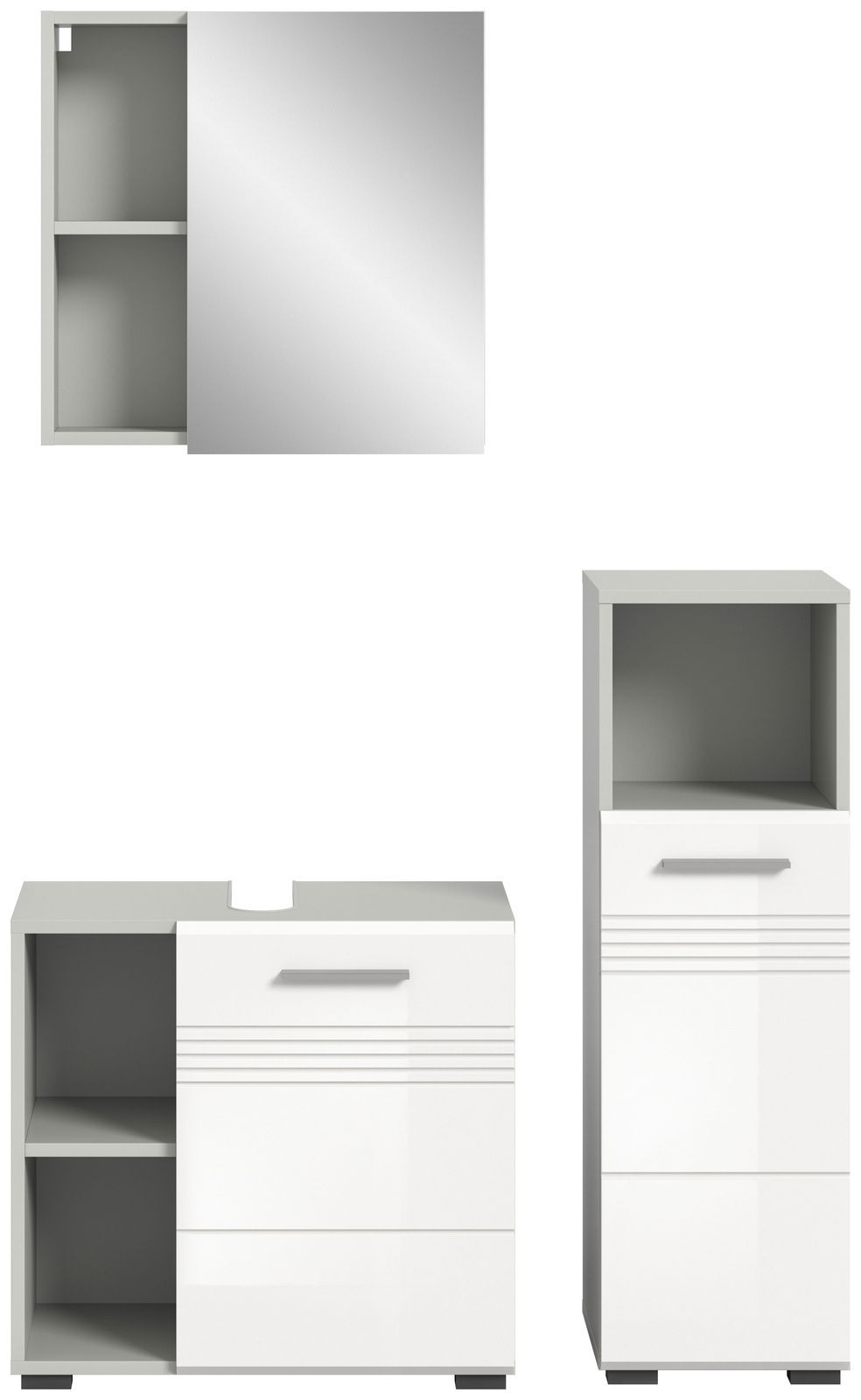 Badezimmermöbel-Set bestehend aus einem Spiegelschrank, einem Waschbeckenunterschrank und einem Hochschrank, frontal abgebildet.