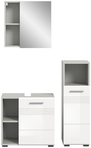 Badezimmermöbel-Set bestehend aus einem Spiegelschrank, einem Waschbeckenunterschrank und einem Hochschrank, frontal abgebildet.
