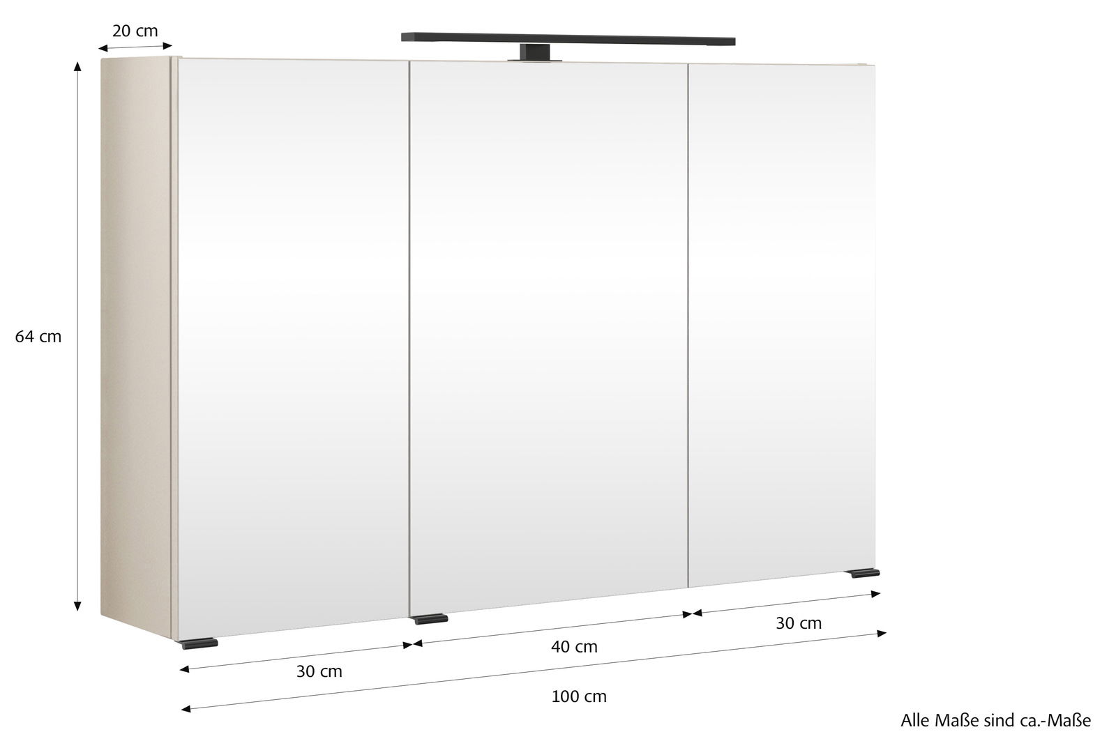 Spiegelschrank mit drei Türen und integrierter Beleuchtung, Frontansicht