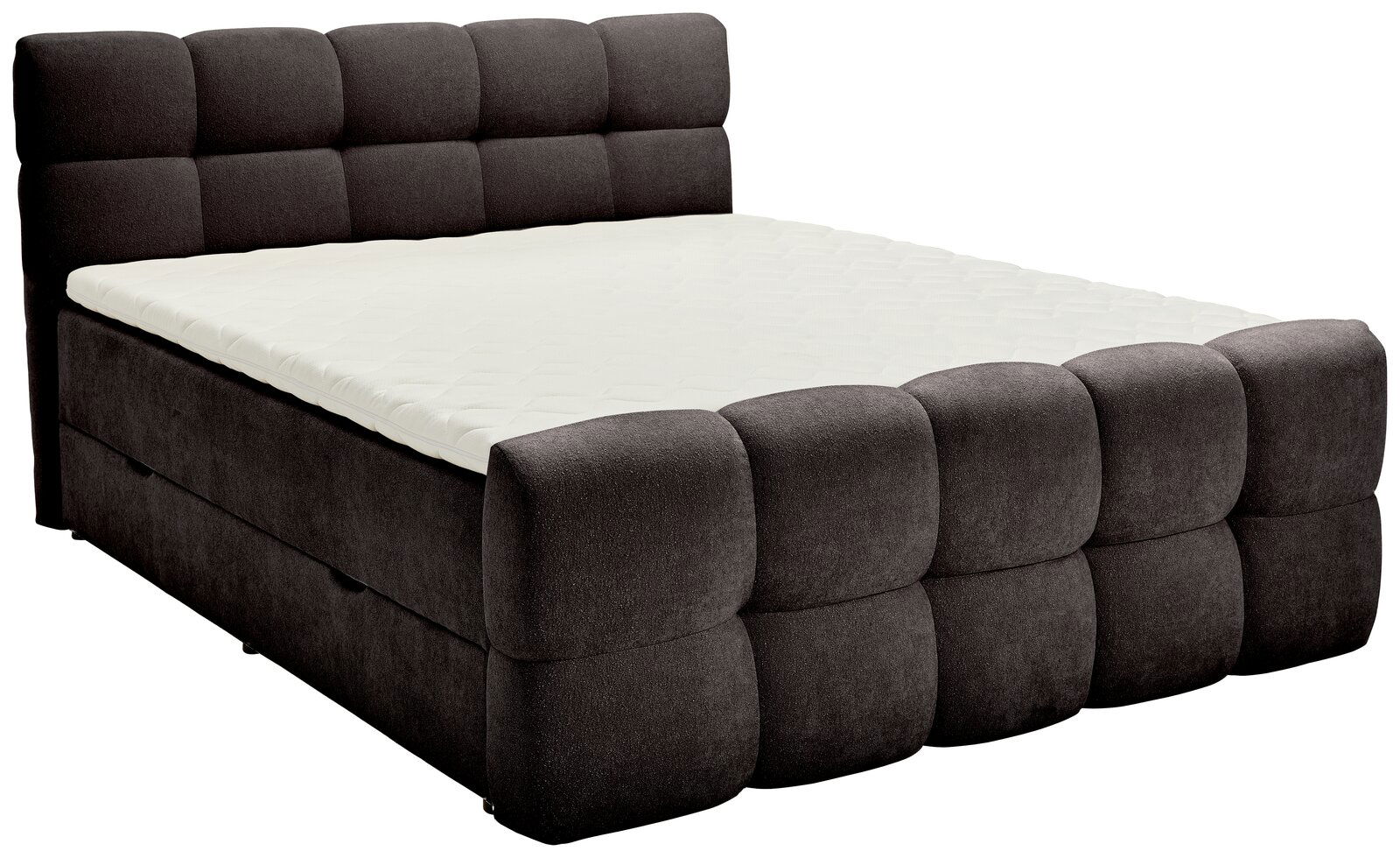 Boxbett mit gepolstertem Kopfteil und Seitenansicht, dunkelgrauer Stoffbezug, seitliche Perspektive
