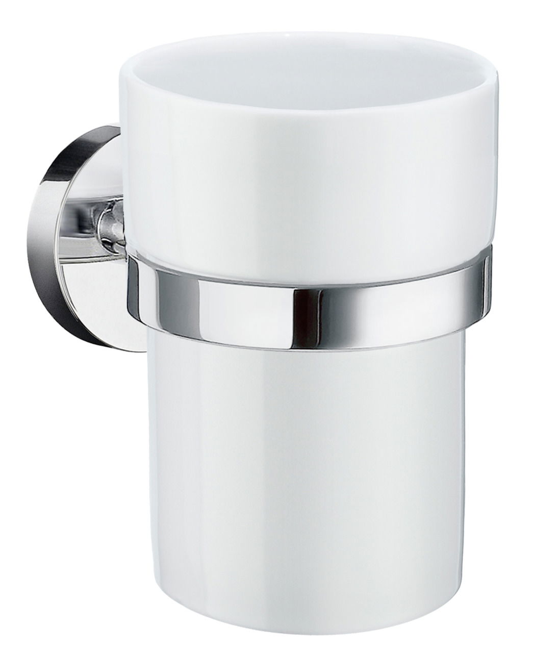 Zahnputzbecherhalter aus weißem Keramik mit glänzendem Chromhalter, seitliche Perspektive
