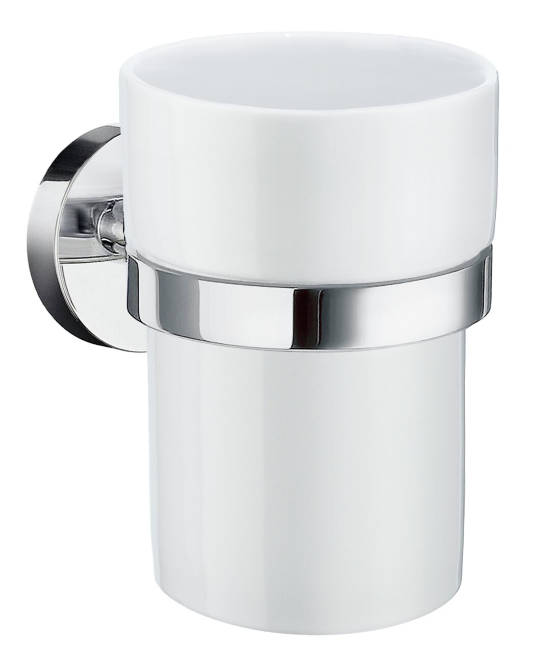 Zahnputzbecherhalter aus weißem Keramik mit glänzendem Chromhalter, seitliche Perspektive