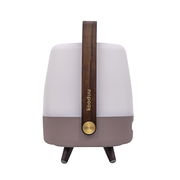 Frontansicht einer tragbaren Lampe mit Holzgriff und modernem Design.