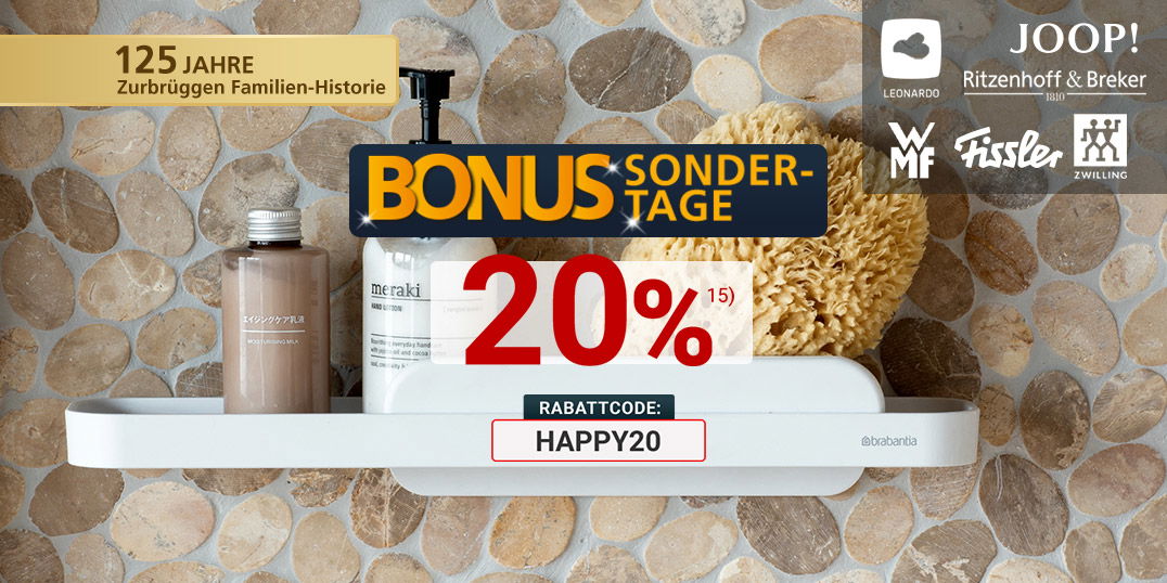 Badezimmerregal mit Pflegeprodukten und Naturschwamm vor Steinfliesen. 20 % Rabatt mit Code HAPPY20