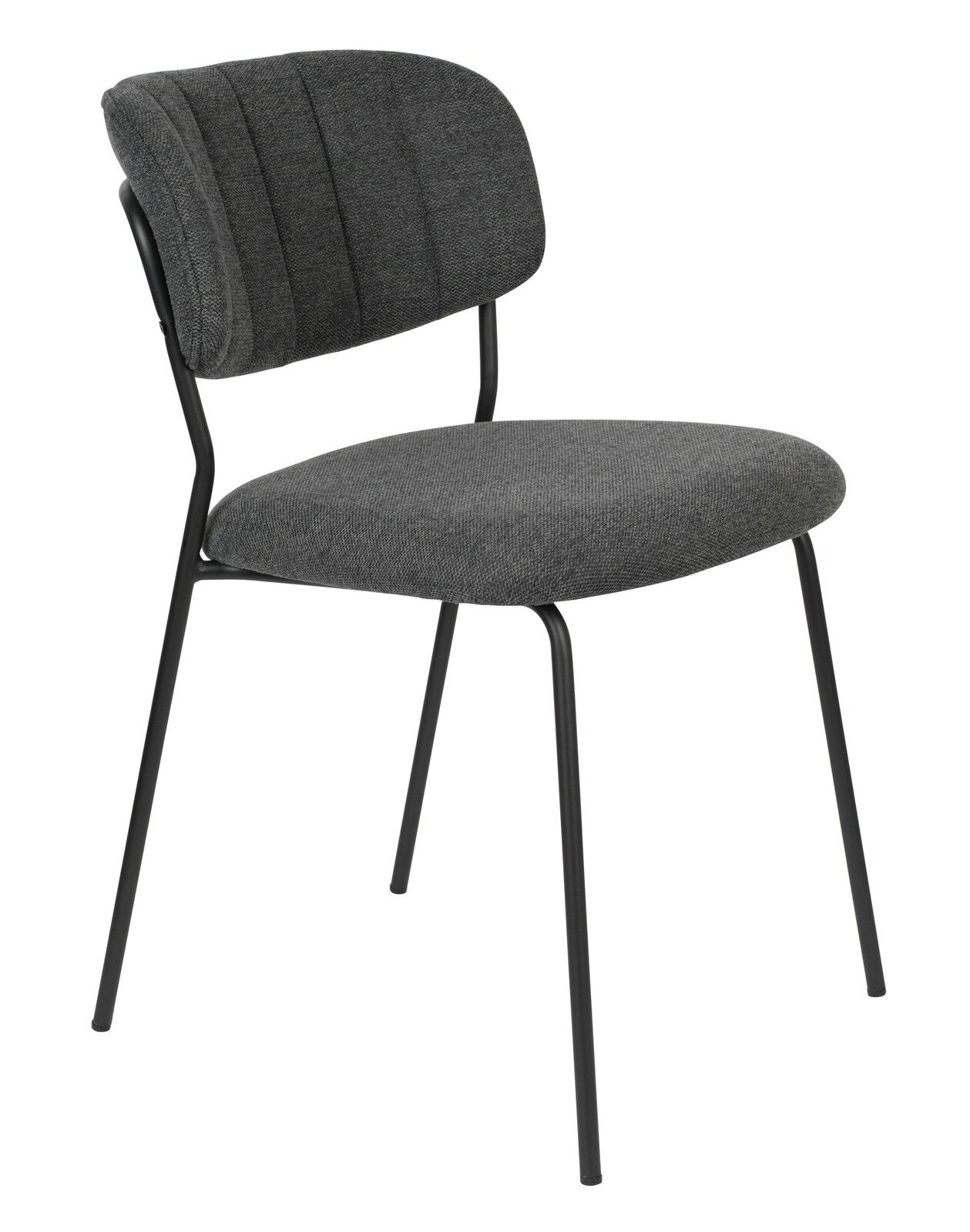 Z2 Stuhl JOLIEN Moderner grauer Stuhl mit gepolsterter Rückenlehne und Sitzfläche, schwarzes Metallgestell, seitliche Perspektive