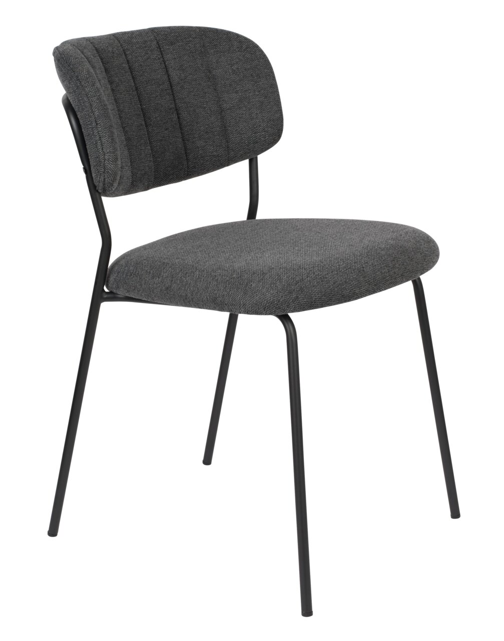 Z2 Stuhl JOLIEN Moderner grauer Stuhl mit gepolsterter Rückenlehne und Sitzfläche, schwarzes Metallgestell, seitliche Perspektive