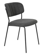 Moderner grauer Stuhl mit gepolsterter Rückenlehne und Sitzfläche, schwarzes Metallgestell, seitliche Perspektive