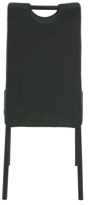 Rückansicht eines schwarzen Stuhls mit Metallbeinen und einer Aussparung im oberen Bereich der Rückenlehne.