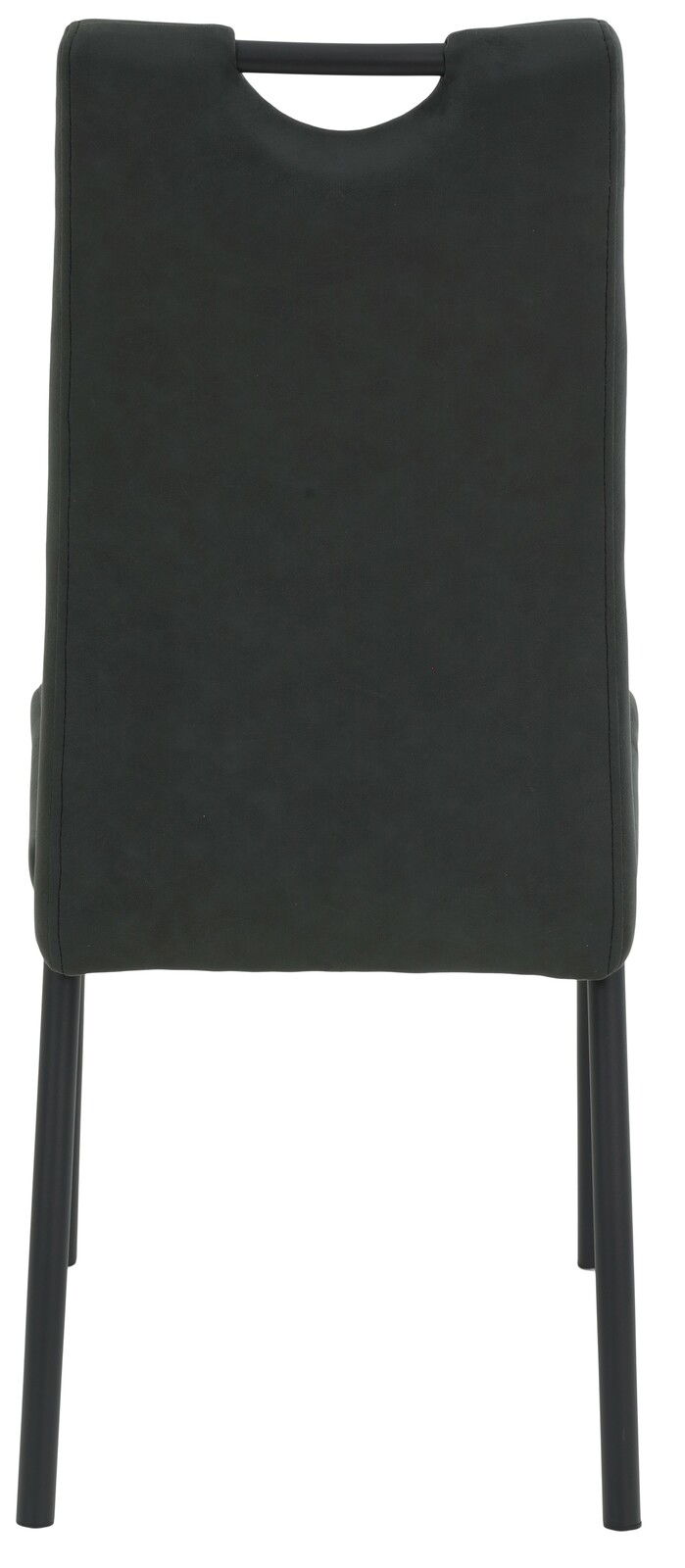 Rückansicht eines schwarzen Stuhls mit Metallbeinen und einer Aussparung im oberen Bereich der Rückenlehne.