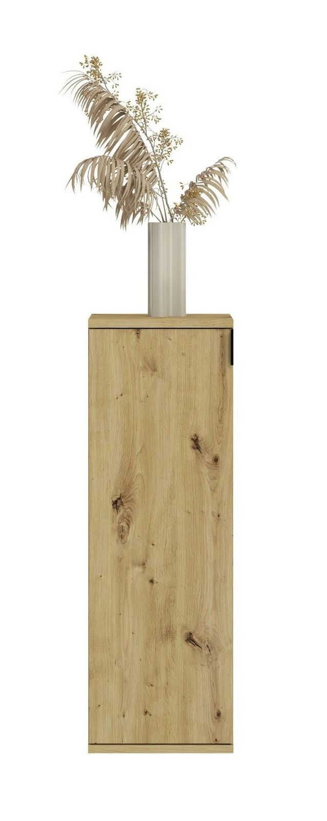 Frontale Ansicht einer schmalen Kommode aus hellem Holz mit natürlicher Maserung, dekoriert mit einer Vase und getrockneten Pflanzen.