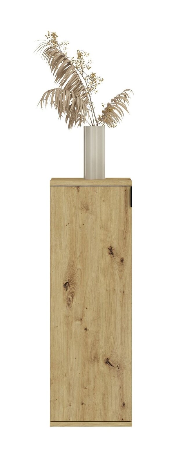 Frontale Ansicht einer schmalen Kommode aus hellem Holz mit natürlicher Maserung, dekoriert mit einer Vase und getrockneten Pflanzen.