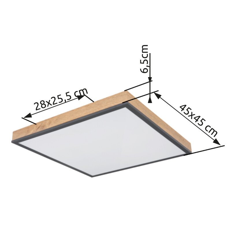 Quadratische Deckenleuchte mit Holzrahmen, Maße 45x45 cm, seitliche Perspektive