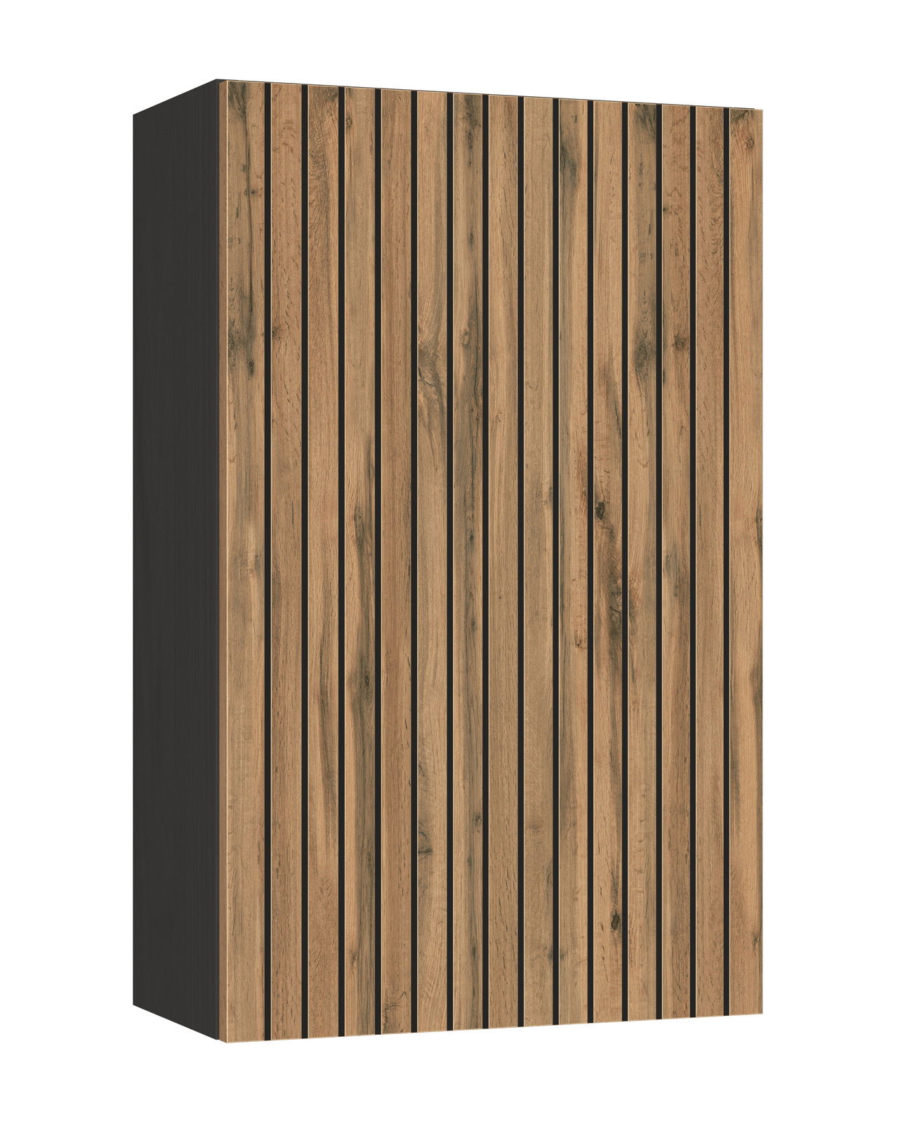 Hängeschrank aus Holz mit vertikalen Streifen, seitliche Perspektive