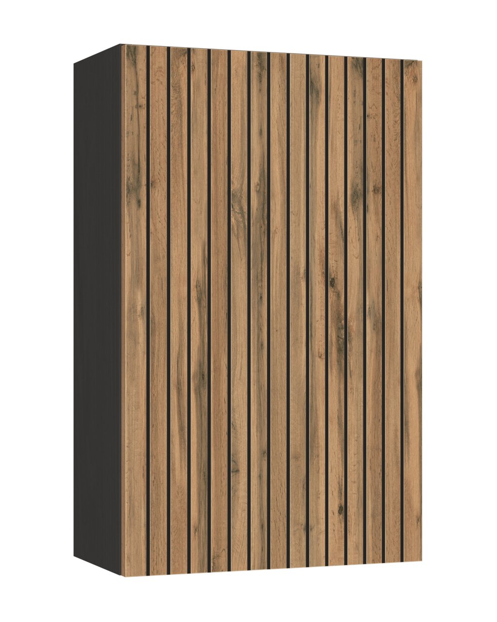 Hängeschrank aus Holz mit vertikalen Streifen, seitliche Perspektive