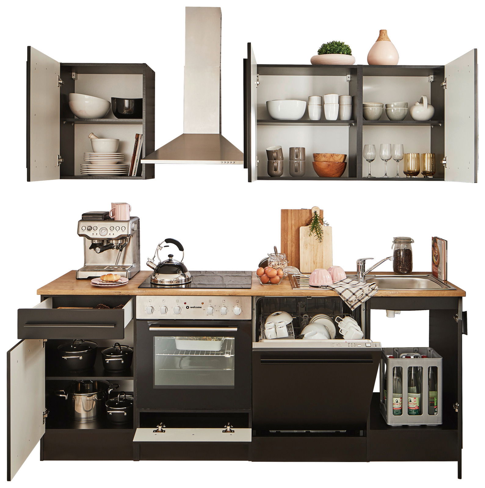 Küchenblock 220 ohne Elektrogeräte, frontal abgebildet, mit offenen Schränken, Geschirrspüler, Spüle und Arbeitsfläche mit Küchenutensilien.