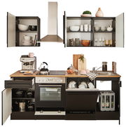 Küchenblock 220 ohne Elektrogeräte, frontal abgebildet, mit offenen Schränken, Geschirrspüler, Spüle und Arbeitsfläche mit Küchenutensilien.