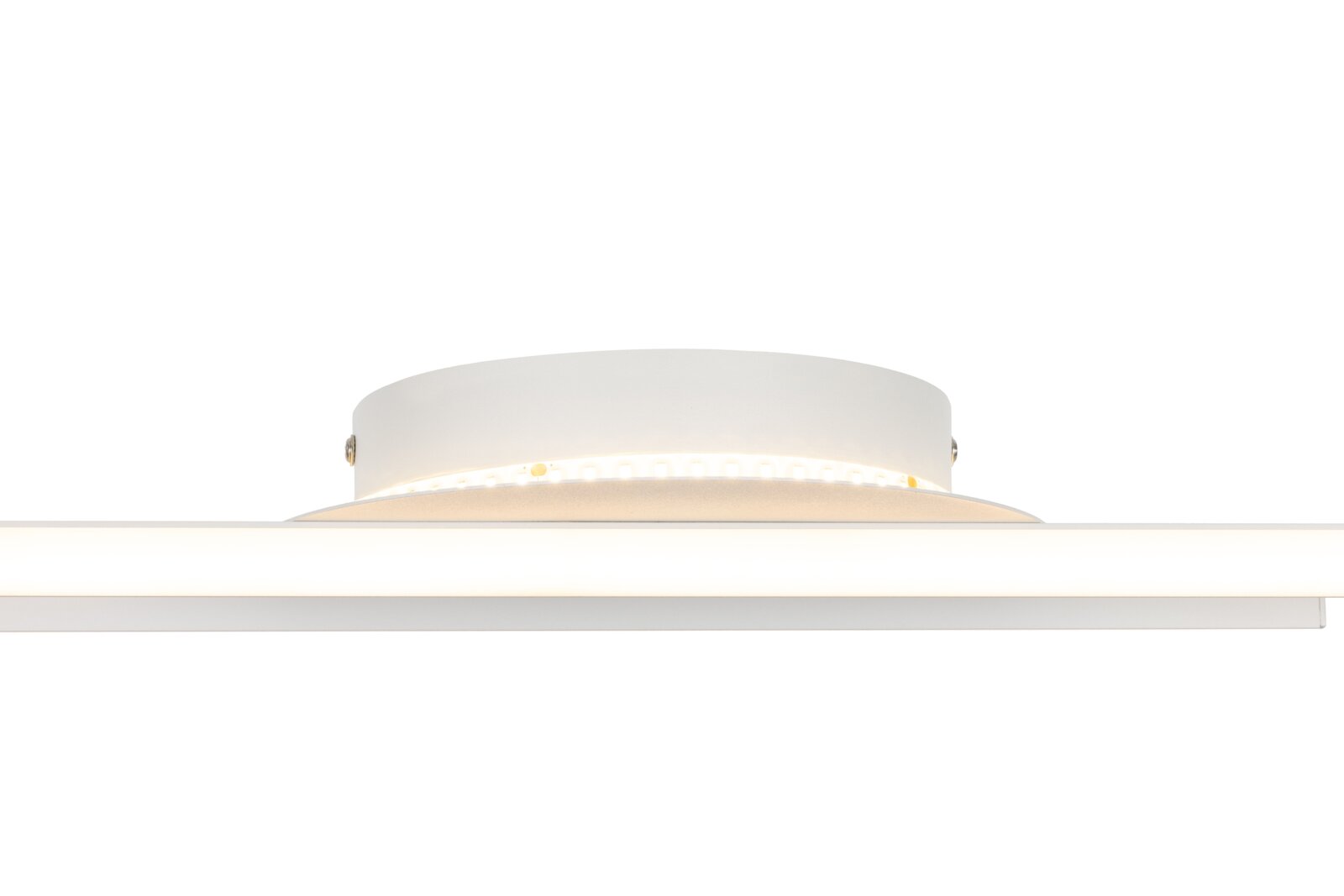 Moderne LED-Deckenleuchte in seitlicher Perspektive mit schlichtem, weißem Design.