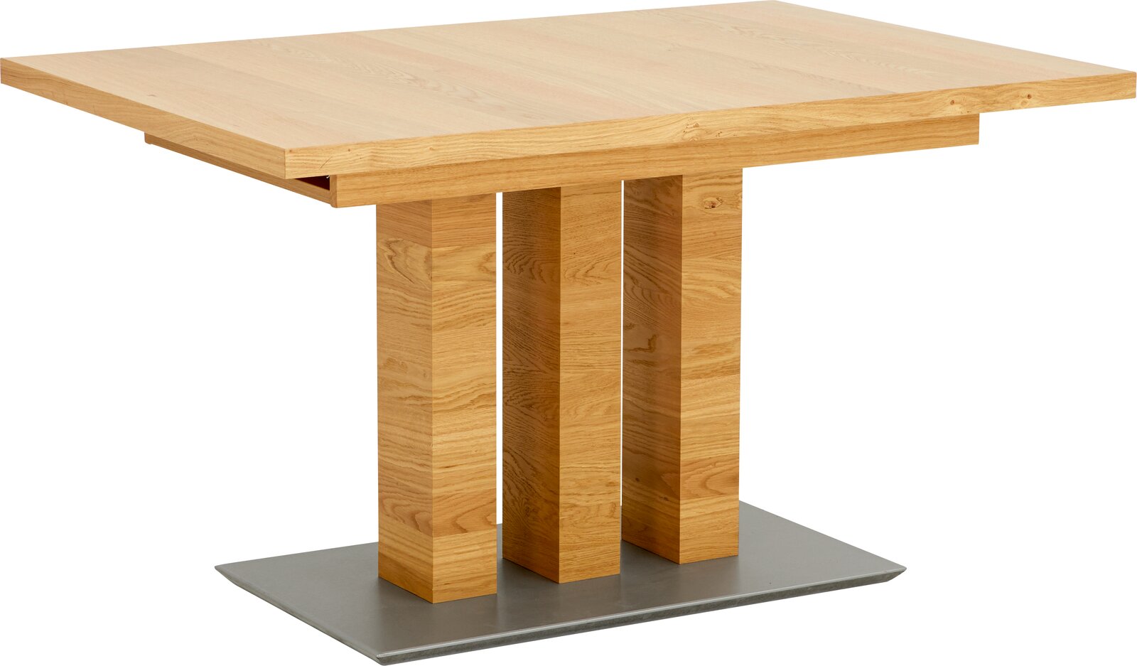 Moderner Esstisch aus Holz mit rechteckiger Tischplatte und drei massiven Holzsäulen als Beine, seitliche Perspektive.